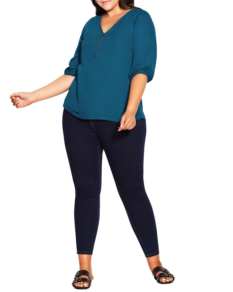 Front of a model wearing a size XXS Anna Half Zip Top in Teal by City Chic. | dia_product_style_image_id:234466